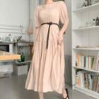 Smocked-panel Dress With Belt Beige - One Size