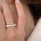 Set: Faux Pearl Ring + Geometry Ring Set - Faux Pearl Ring & Geometry Ring - White & Gold - One Size