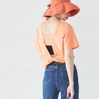 Cut Out Lettering Short-sleeve T-shirt Orange Red - One Size