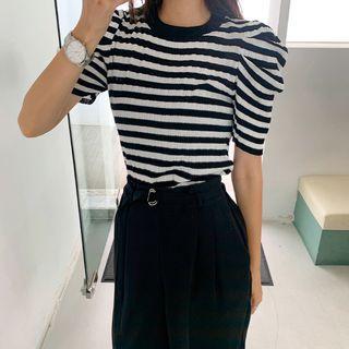 Plain / Stripe Puff-shoulder Knit Top