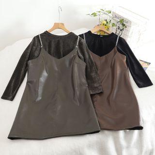 Set: Plain Long Sleeve Top + Faux Leather Spaghetti-strap Dress