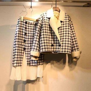 Set: Double-breasted Plaid Jacket + Midi A-line Skirt