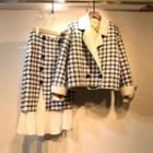 Set: Double-breasted Plaid Jacket + Midi A-line Skirt