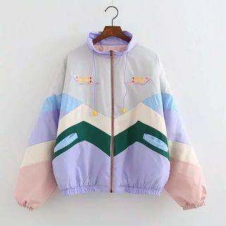 Embroidered Color Block Zip Jacket As Shown In Figure - One Size