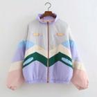 Embroidered Color Block Zip Jacket As Shown In Figure - One Size