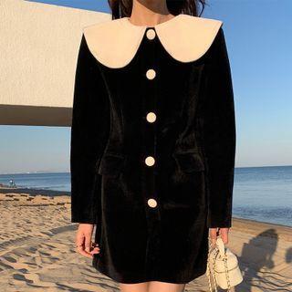Puff-sleeve Collared A-line Velvet Dress