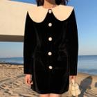 Puff-sleeve Collared A-line Velvet Dress