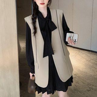 Tie-neck Mini A-line Shirt Dress / Button-up Vest / Set