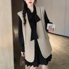 Tie-neck Mini A-line Shirt Dress / Button-up Vest / Set