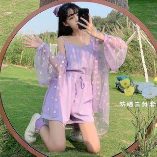 Long-sleeve Floral Sheer Cardigan / Plain Camisole + Drawstring Loose Fit Shorts