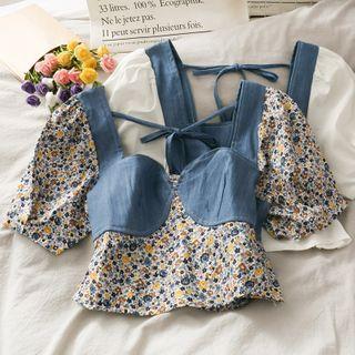Denim-panel Floral Corp Top