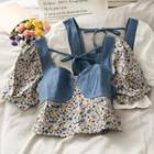 Denim-panel Floral Corp Top