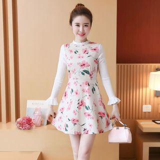 Floral Print Long-sleeve A-line Lace Dress