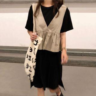 Set: Plain Short Sleeve T-shirt Dress + Ruffle Hem Tank Top