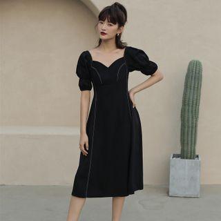 Balloon-sleeve Contrast Stitched Midi A-line Dress