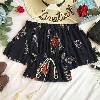Floral Print Off-shoulder Drawstring Blouse