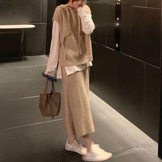 Set: Cap-sleeve Knit Hoodie + Midi Fitted Skirt