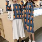 Carrot Print Sweater / Long-sleeve Midi Knit Dress