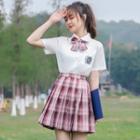 Short-sleeve Shirt / Plaid Pleated Mini A-line Skirt / Necktie / Set