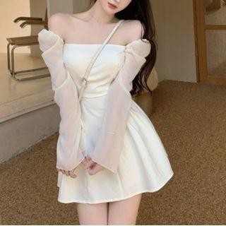 Long-sleeve Off-shoulder Mini A-line Dress Almond - One Size