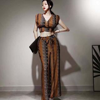 Set: V-neck Printed Crop Top + Printed Wide Leg Pants