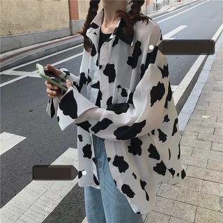 Long-sleeve Cow Print Shirt Black & White - One Size