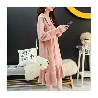 Collared Ruffle Hem Long-sleeve Midi Knit Dress