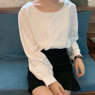 Long-sleeve Button-detail Ruffled Top