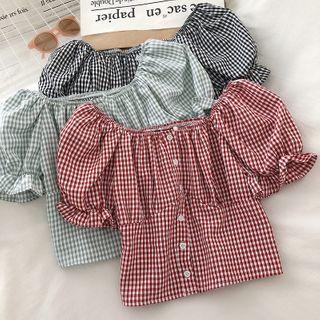 Plaid Off-shoulder Puff-sleeve Crop Blouse