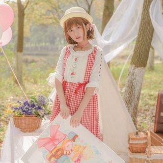 Flower Embroidered Plaid Panel Elbow Sleeve Dress