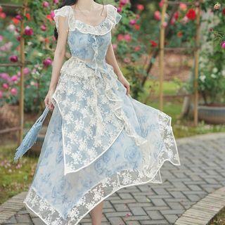 Set: Sleeveless Floral Print Midi A-line Dress + Lace Overall Dress