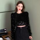 Long-sleeve Sequined Crop Top Black - One Size