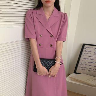 Elbow-sleeve Double-breasted Midi A-line Blazer Dress
