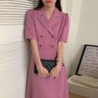 Elbow-sleeve Double-breasted Midi A-line Blazer Dress