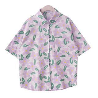 Short-sleeve Flower Print Pocketed Shirt