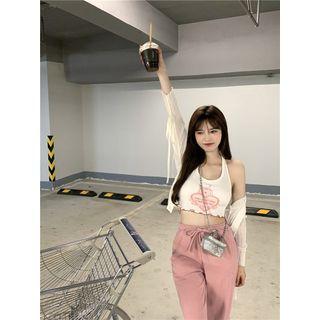 Halter-neck Print Crop Tank Top / Cardigan / Sweatpants