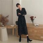 Patterned Crinkled Long Chiffon Dress Black - One Size