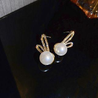 Rabbit Ear Rhinestone Faux Pearl Earring 1 Pair - Gold & White - One Size
