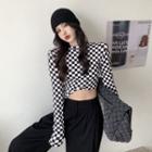 Log-sleeve Check Crop Top Check - Black & White - One Size