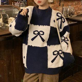 Bow Pattern Color Block Panel Sweater
