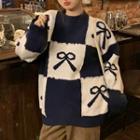 Bow Pattern Color Block Panel Sweater