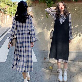 Long-sleeve Plaid Midi Shirt Dress / Long Vest / Set