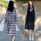 Long-sleeve Plaid Midi Shirt Dress / Long Vest / Set