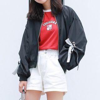 Bow-accent Zip Jacket Black - One Size
