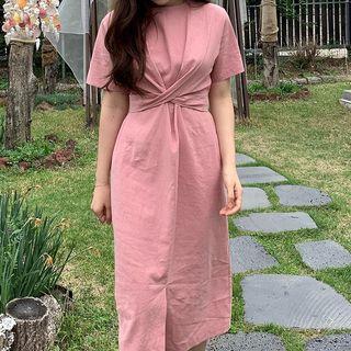 Short-sleeve Sashed Midi Dress Pink - One Size