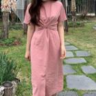 Short-sleeve Sashed Midi Dress Pink - One Size