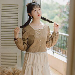 Square-neck Blouse / Midi A-line Skirt