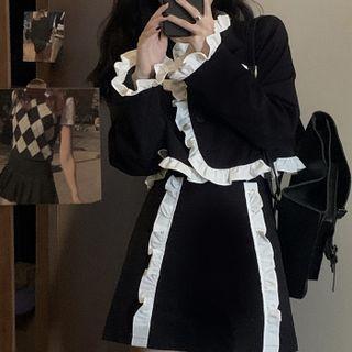 Long-sleeve Ruffle Trim Top / Ruffle Trim Mini Skirt