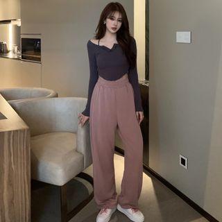 Long-sleeve Cropped Light T-shirt / Drawstring Loose-fit Sweatpants