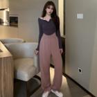 Long-sleeve Cropped Light T-shirt / Drawstring Loose-fit Sweatpants